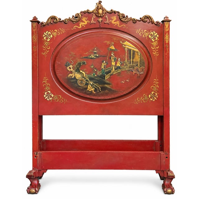 Wood 1930s Georgian Style Ball & Claw Red Chinoiserie Twin Bed Frames - Pair For Sale - Image 7 of 9