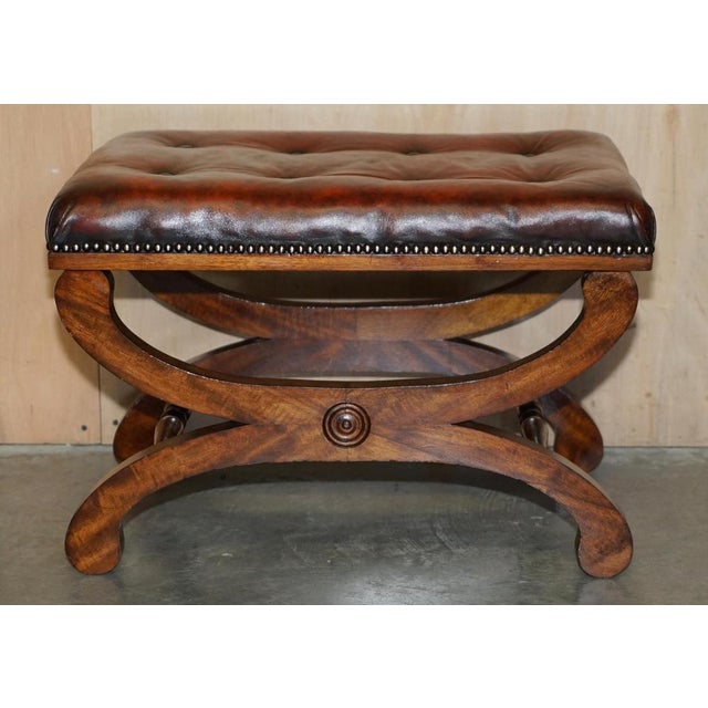 Set of Regency Brown Leather Chesterfield Baron X Framed Footstools, 1900s For Sale - Image 16 of 18