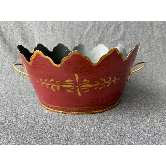 Mid 20th Century Vintage Maroon Gold Hand Painted French Tole Cachepot For Sale - Image 5 of 13