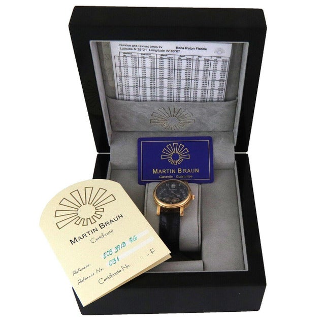 Metal Martin Braun EOS 39 Wristwatch Sunrise Sunset 18k Gold Leather Box Cert For Sale - Image 7 of 11