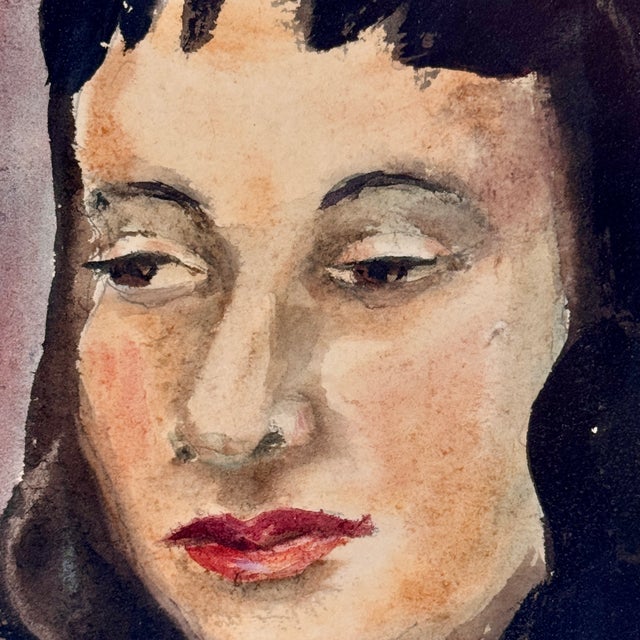 Purple Enigmatic Original Watercolor Head Portrait Painting of Young Woman, Signed, Circa 1949 For Sale - Image 8 of 11