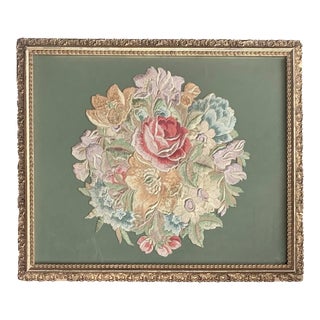 Vintage Silk Floral Embroidery Fragment Mounted and Framed For Sale
