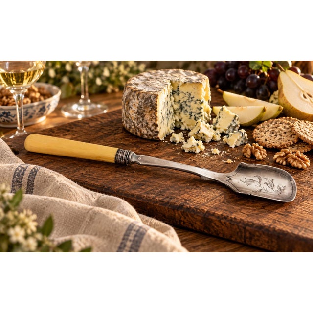 A handsome antique English Stilton scoop with a broad, shallow electroplated blade engraved with a delicate floral motif....