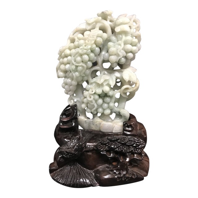 Mid 20th Century Carved Solid Jade Fruits Sculpture With Wooden Base For Sale