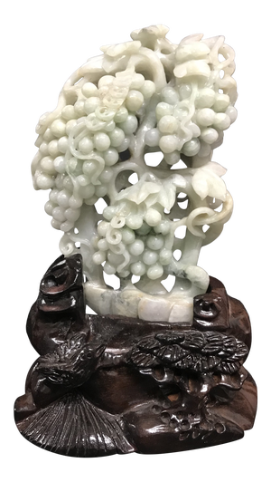 Mid 20th Century Carved Solid Jade Fruits Sculpture With Wooden Base