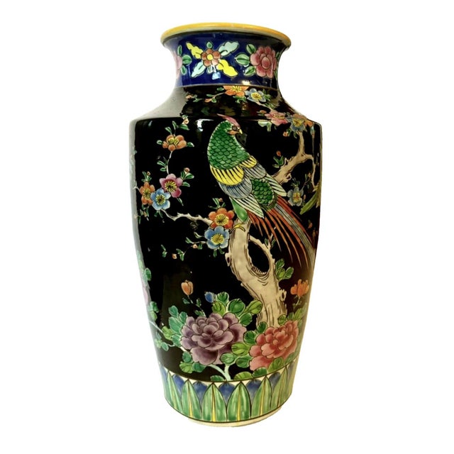 Japanese Japanese Black Enameled Bird of Paradise Porcelain Vase, Circa 1930 For Sale - Image 3 of 8