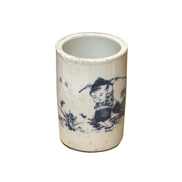 Chinese Chinese Distressed White Porcelain Blue Kid Playing Graphic Holder Vase For Sale - Image 3 of 10