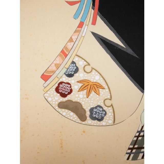 Champagne "Beauty With a Puppet" by Getsudo, Showa Era Japanese Silk Scroll Painting For Sale - Image 8 of 18