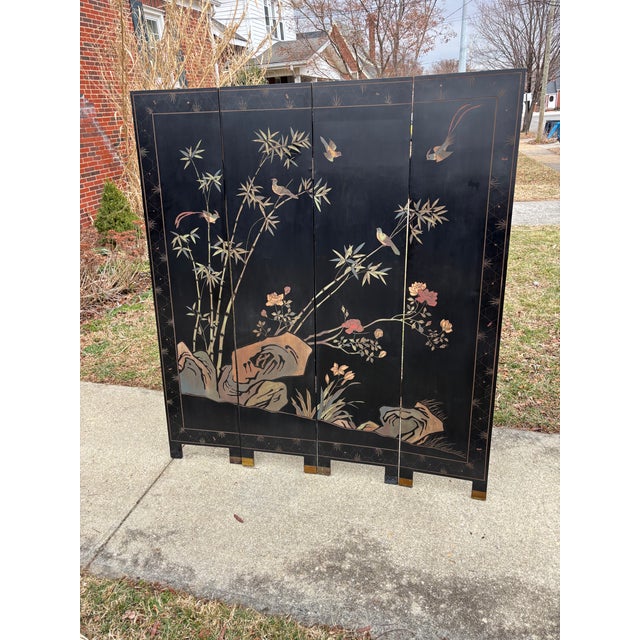 Exquisite Chinese Export Four Panel Coromandel Screen With Birds in Landscape For Sale - Image 10 of 15
