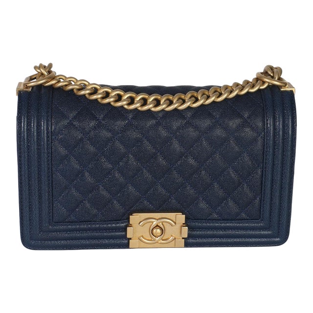 Navy Quilted Caviar Old Medium Boy Handbag For Sale