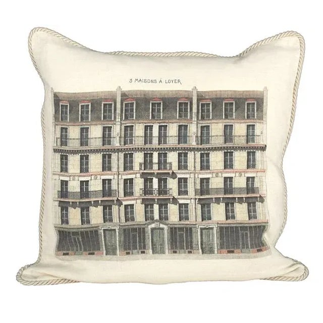 French Provincial 3 Maison a Loyer Linen Architecture Pillow For Sale - Image 3 of 4