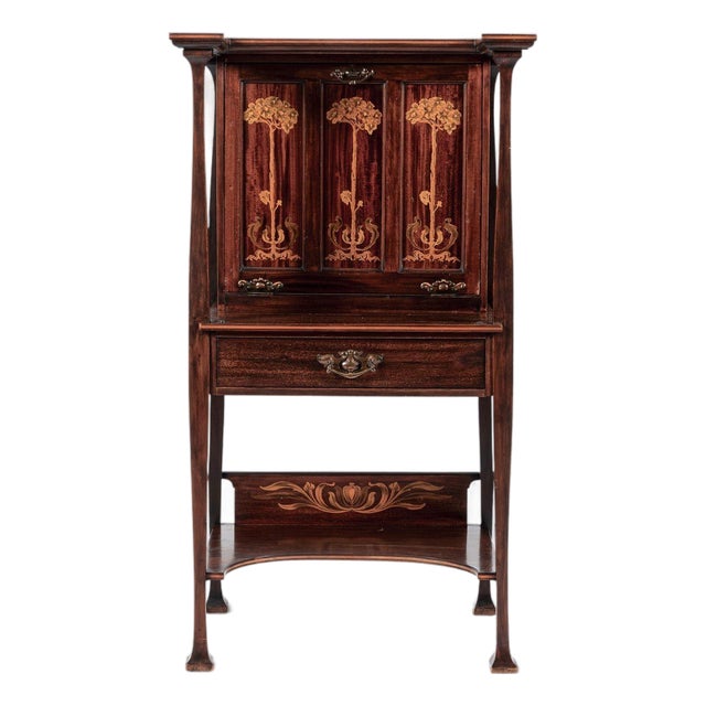 Antique Art Nouveau Scottish Mahogany Floral Secretary Cabinet For Sale