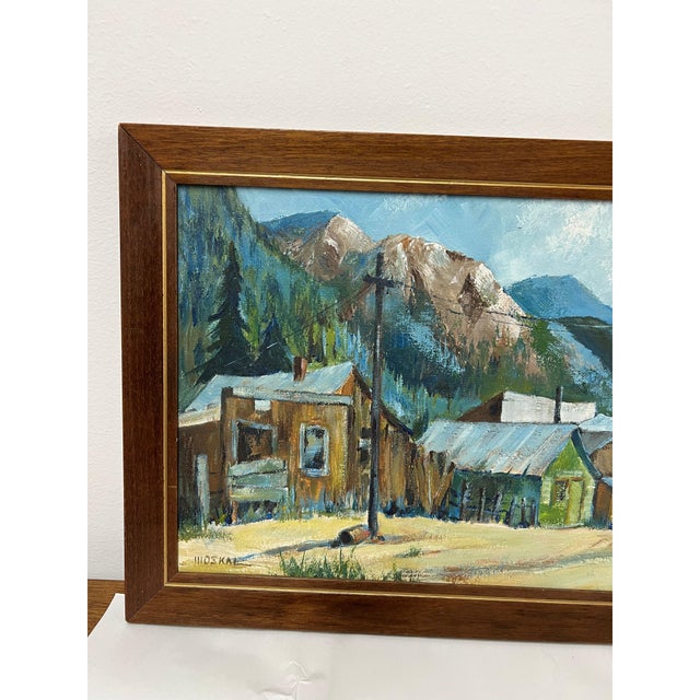 Rustic Vintage Framed Mountain Town Landscape Painting, Rustic Village Scene With Alpine Peaks For Sale - Image 3 of 8