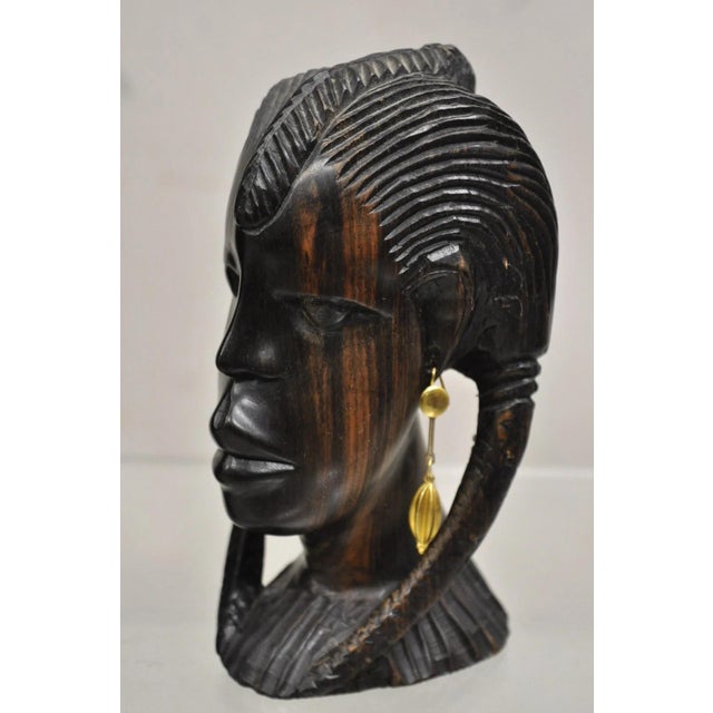 Late 20th Century Vintage African Carved Ebony Wood Male and Female Bust Statue Sculptures- Set of 2 For Sale - Image 5 of 10
