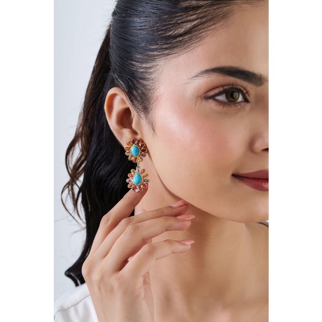 21.07 Carats Turquoise Diamond Floral Drop Earrings With Rainbow Sapphires in 14k Gold- A Pair For Sale In New York - Image 6 of 16