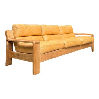 Three-Seater Sofa in Yellow Genuine Leather and Wood by Rolf Benz For Sale
