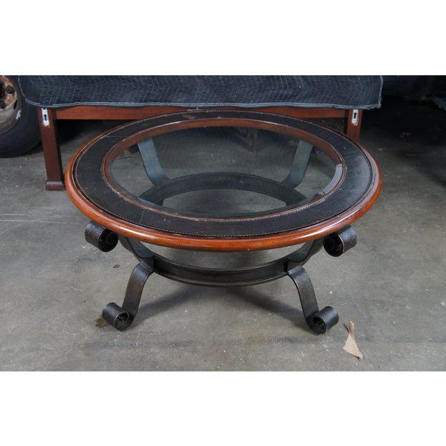 Gray Maitland Smith Mahogany & Iron Modern Round Glass Top Coffee Cocktail Table For Sale - Image 8 of 12