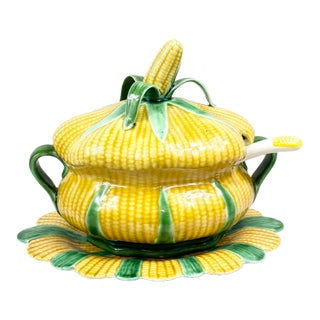 Vintage Portuguese Majolica Corn Tureen & Platter Set by Faianças Belo - 3 Pieces For Sale