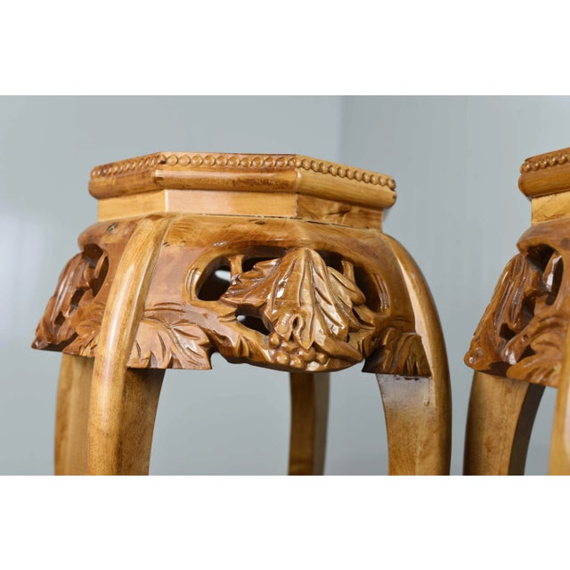 Mid Century Chinoiserie Carved Wood Marble Top Plant Stand Pedestal Table - a Pair For Sale - Image 10 of 12