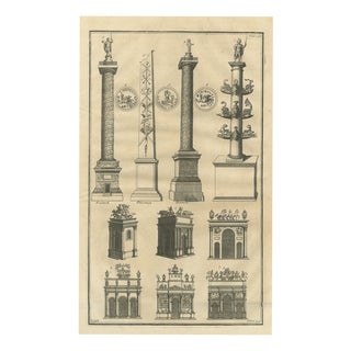 Montfaucon, Roman Columns and Six Triumphal Arches with Coins, 1722, Engraving For Sale