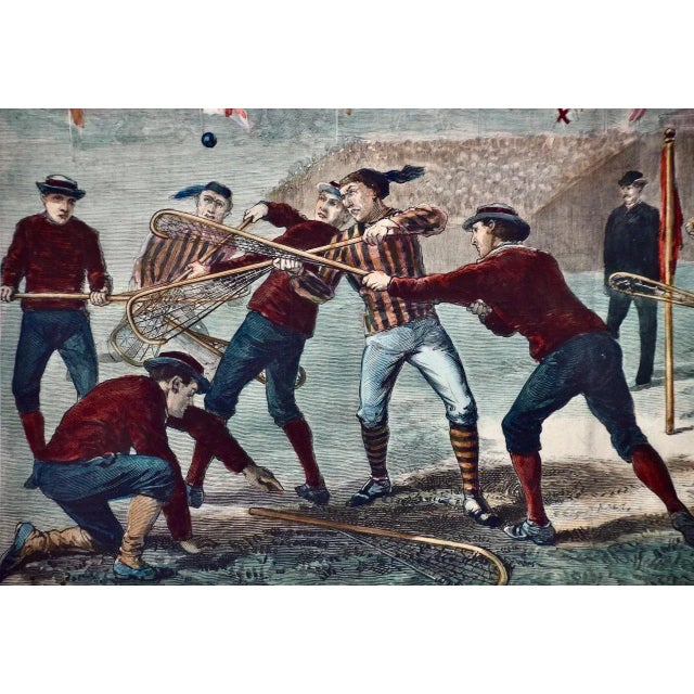 Realism "A Game of Lacrosse": A Hand-colored 19th Century Woodcut Engraving by Hall, 1884 For Sale - Image 3 of 9