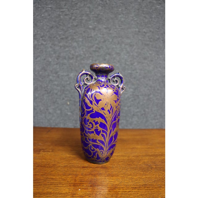 Cobalt Blue Vase With Copper Gilt Floral Decoration For Sale - Image 9 of 10
