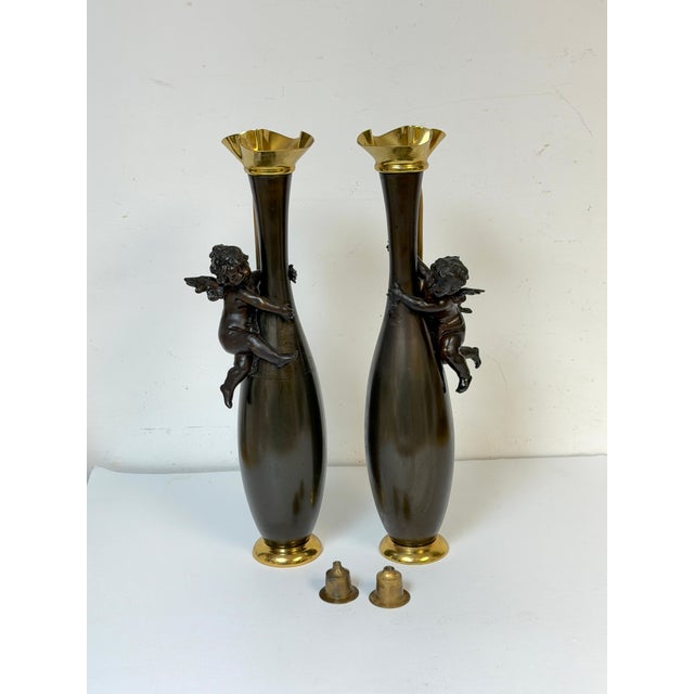 Pair 19th C. Gilt & Patinated Metal Cupid Candlesticks, After Auguste Moreau For Sale - Image 11 of 12