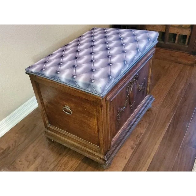 Antique French Oak Coffer Blanket Chest Storage Bench With Modern Trompe L’oeil Faux Cushioned Seat For Sale In Dallas - Image 6 of 12