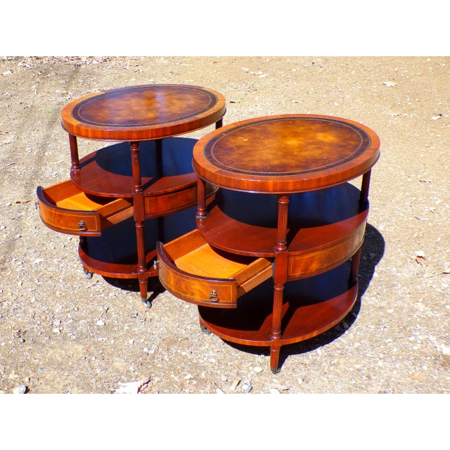 Vintage Pair Weiman Heirloom Mahogany Leather Top Oval Lamp Tables For Sale - Image 10 of 18