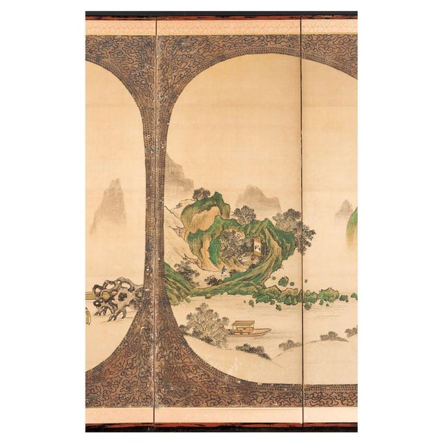 Japanese Early 20th Century Six Panel Japanese Byobu Style Watercolor and Fabric Screen For Sale - Image 3 of 5