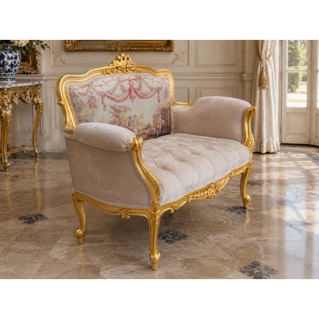 Late20C French Artisan LouisXVI Gold Beige Velvet Settee-1Pc For Sale - Image 9 of 15