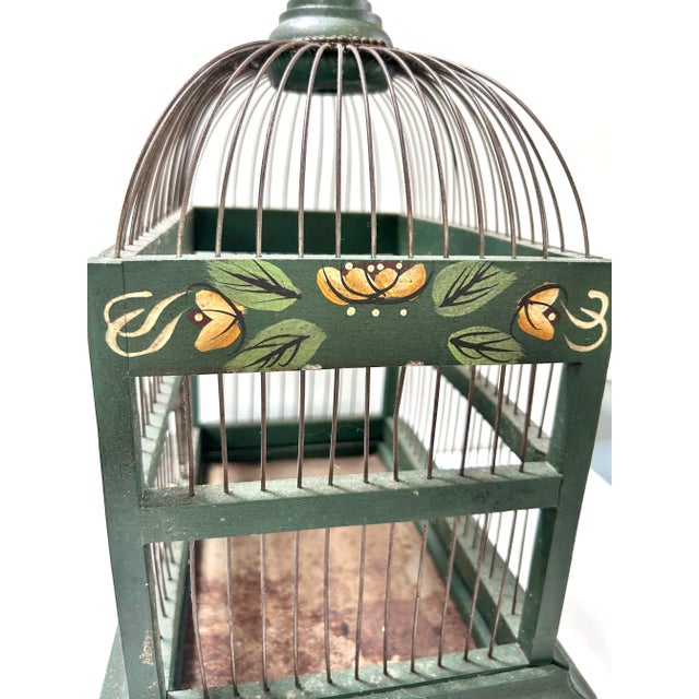 Green Antique Hand-Painted Green Wood and Wire Birdcage For Sale - Image 8 of 11
