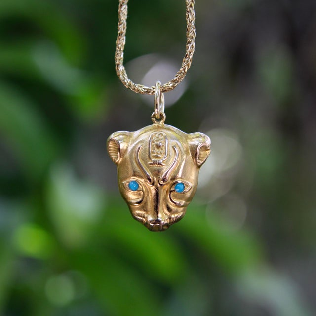 Gold Vintage 18k Gold Egyptian Revival Sekhmet Lion Pendant From Egypt For Sale - Image 8 of 8