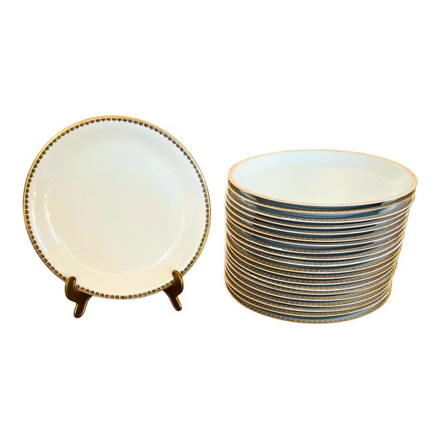 Limoges Porcelain Dinner Plates Set for 20 With Gilt Frieze Border Circa 1950 For Sale