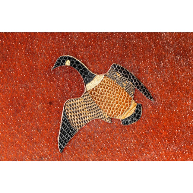Neat Antique Pigskin Leather Reptile Skin Inset Duck Hunting Theme Cigarette Case Trinket Box For Sale - Image 4 of 13