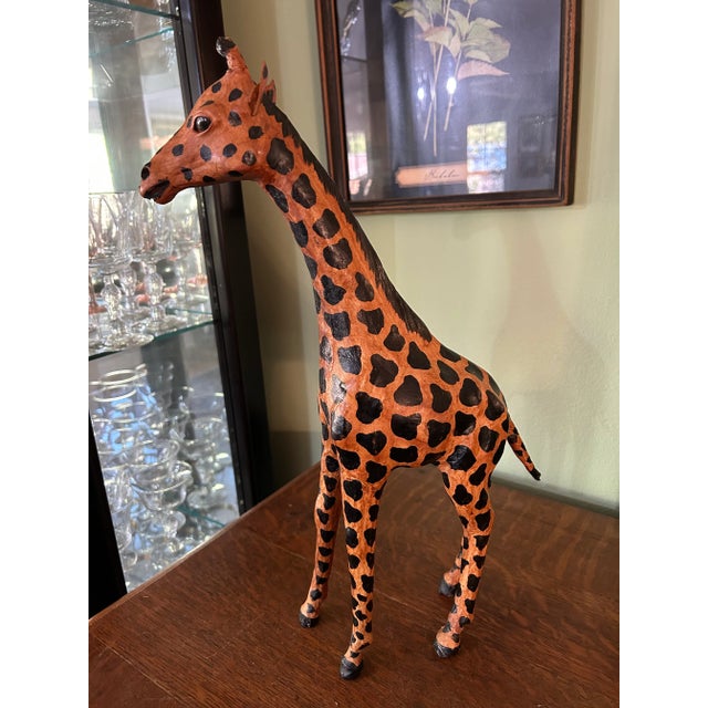 African 1970’s 18” Leather Wrapped Hand Painted Giraffe Model For Sale - Image 3 of 9