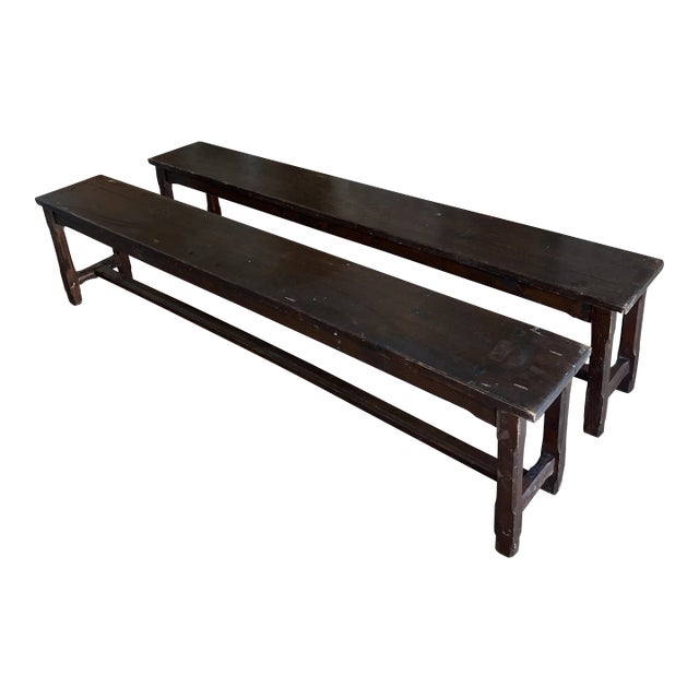 Pair of French Antique Farmhouse Benches - 19th C For Sale