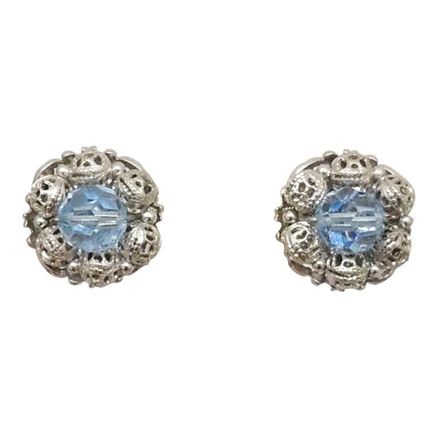 Vintage 1960s Signed Napier Rhodium Plated Blue Bead Clip Earrings, 2 Pieces For Sale