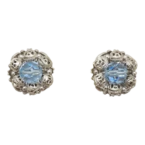 Vintage 1960s Signed Napier Rhodium Plated Blue Bead Clip Earrings, 2 Pieces