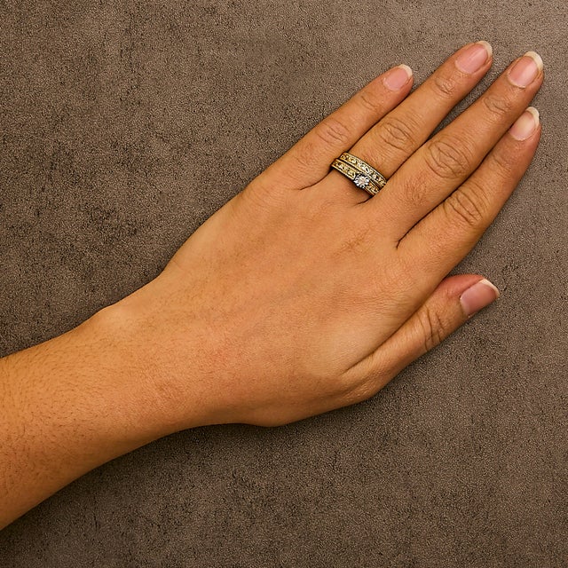 Early 21st Century 14K Yellow Gold Plated .925 Sterling Silver 1/5 Cttw Diamond Art Deco Style Engagement Ring Bridal Set (I-J Color, I3 Clarity) - Ring - Size 10 For Sale - Image 5 of 6