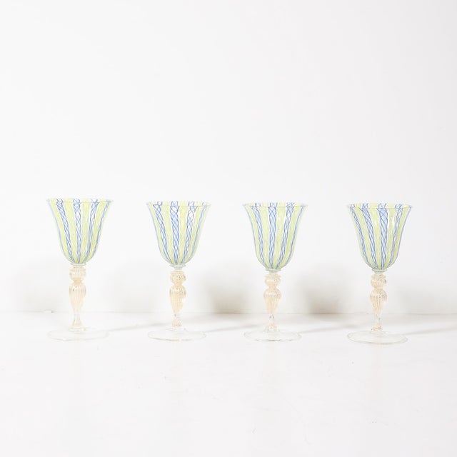 Mid-Century Modern Set of 8 Hand-Blown Murano Latticino Blue & Chartreuse Wine Glasses W/ 24k Gold For Sale - Image 3 of 18