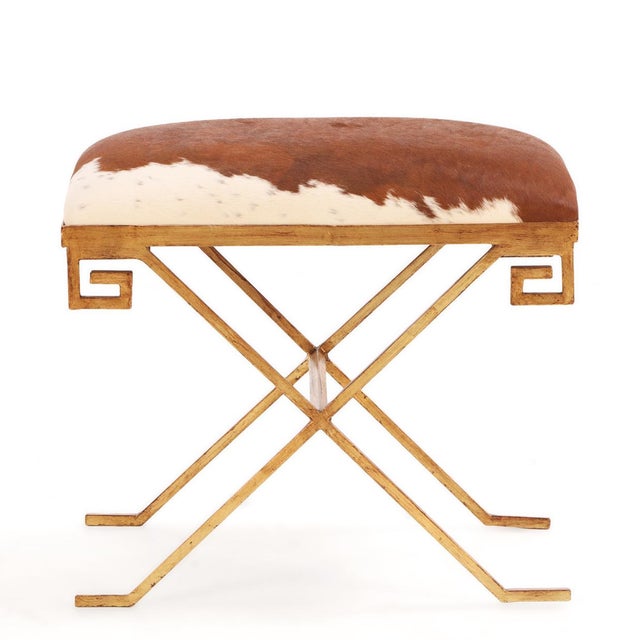 Mid-Century Modern Gilt Iron Bench Upholstered in New Cowhide. Contemporary. For Sale - Image 3 of 6