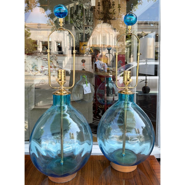 Pair of Arteriors Cerulean Blue Glass Tables Lamps For Sale - Image 9 of 9