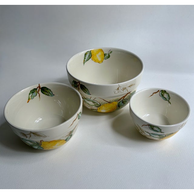 Cream Vintage Set of 3 Maxcera Corp. "Watercolor Lemon" Ceramic Nesting Bowls For Sale - Image 8 of 18