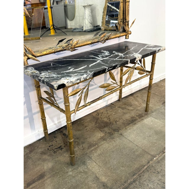 Italian Gilt Bamboo Mirror With Black Marble Console and Leaf Motif, Mid-Century Design For Sale - Image 4 of 12