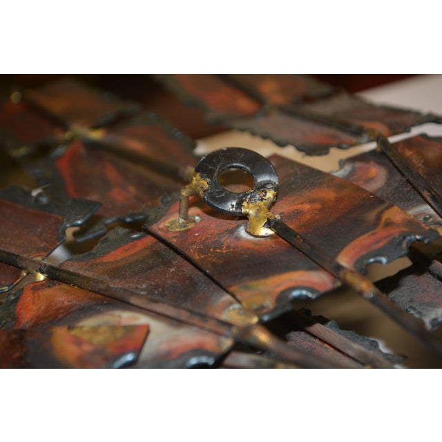 Copper Brutalist Brass / Copper Colored Metal & Iron Jere Style Circular Windmill Wall Hanging Art For Sale - Image 8 of 13