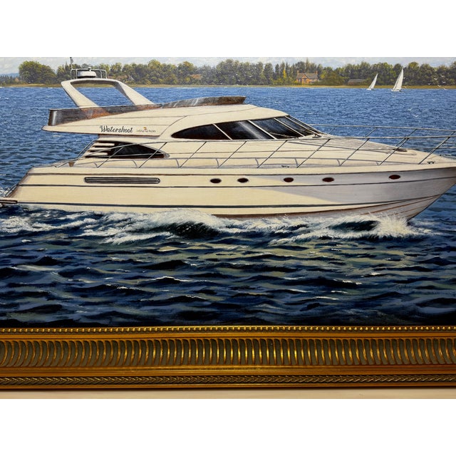British Nautical Oil Painting Windermere Lake District Ascendancy — Fairline Squadron 50 Yacht Under Cumbrian Skies Signed Edward Hersey Gilt Framed For Sale - Image 4 of 18