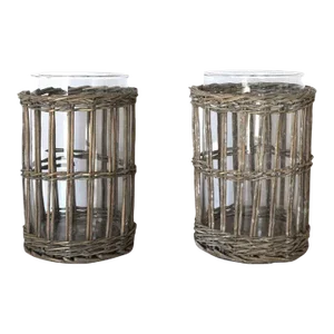 Wicker and Glass Hurrican Candle Lamps - A Pair