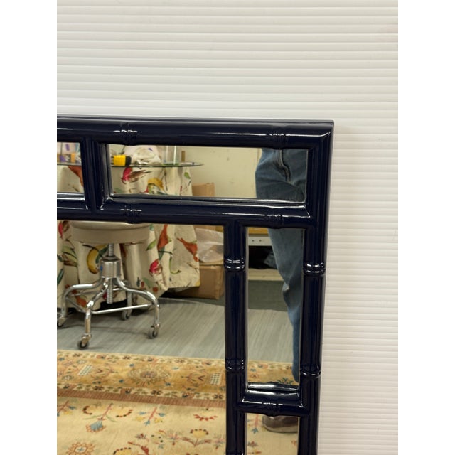 Early 21st Century Chinoiserie Lacquered Faux Bamboo Wall Mirror, Navy For Sale - Image 5 of 12