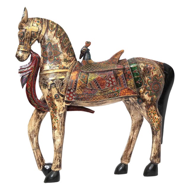 1940s Handcrafted White Wooden Horse Statue | Jeweled Indian Royal Equestrian Sculpture | Art Deco Wood Carving | Unique Housewarming Gift For Sale In Houston - Image 6 of 9